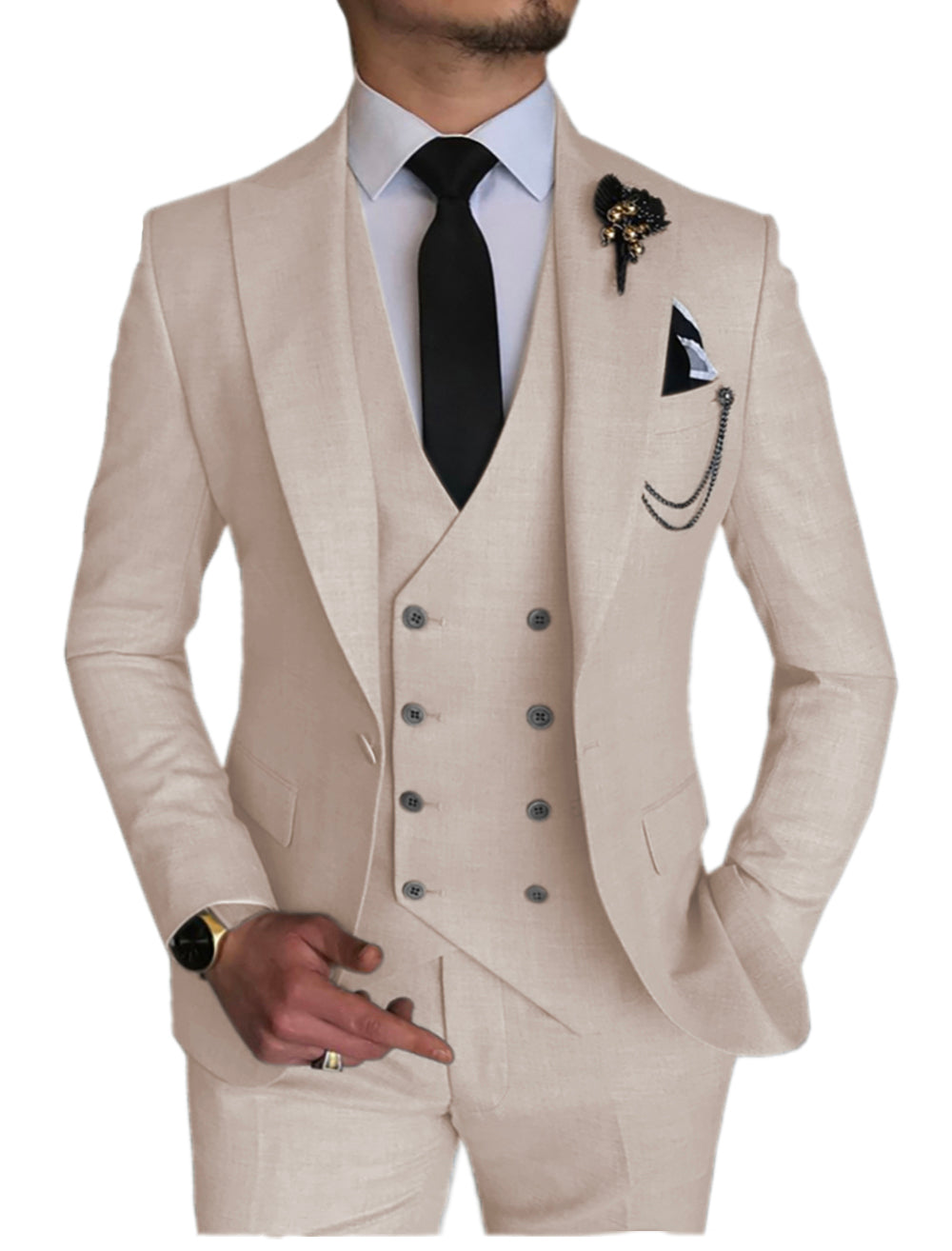 Show elegance: beige three-piece suit