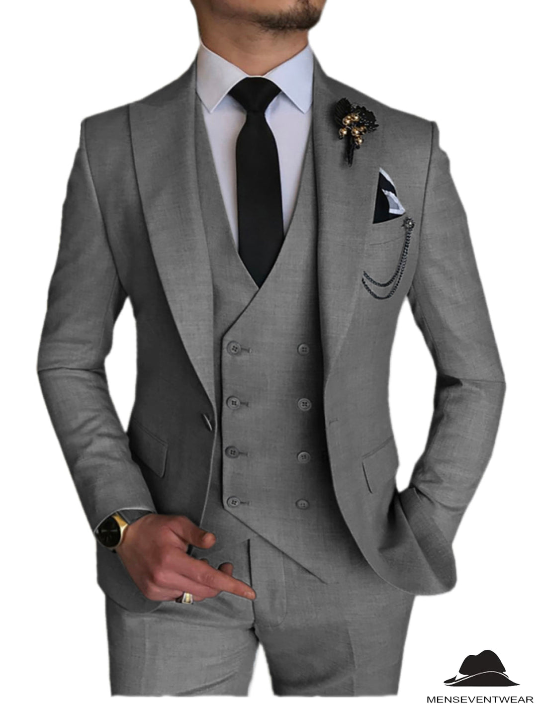 3 Piece Mens Suit Slim Fit Solid Peak Lapel Suit (Blazer + Vest + Pants) Adam Reed