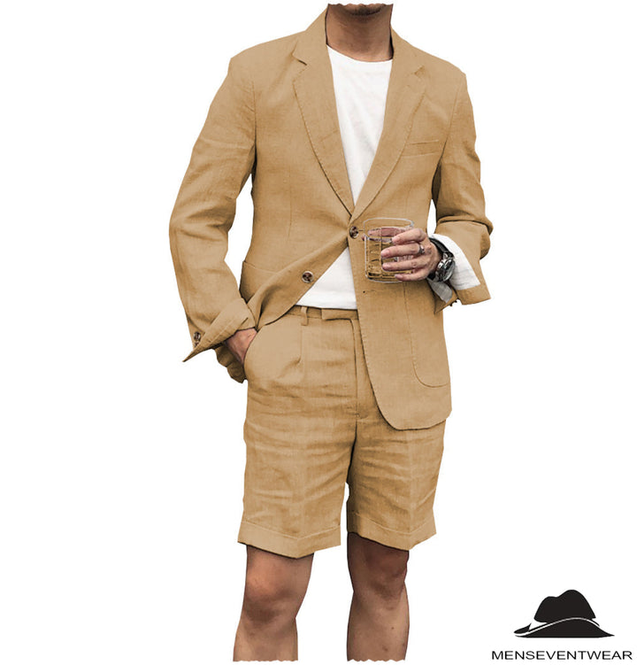 Casual 2 Piece Men's Suit Flat Linen Notch Lapel Tuxedos (Blazer+Shorts) mens event wear
