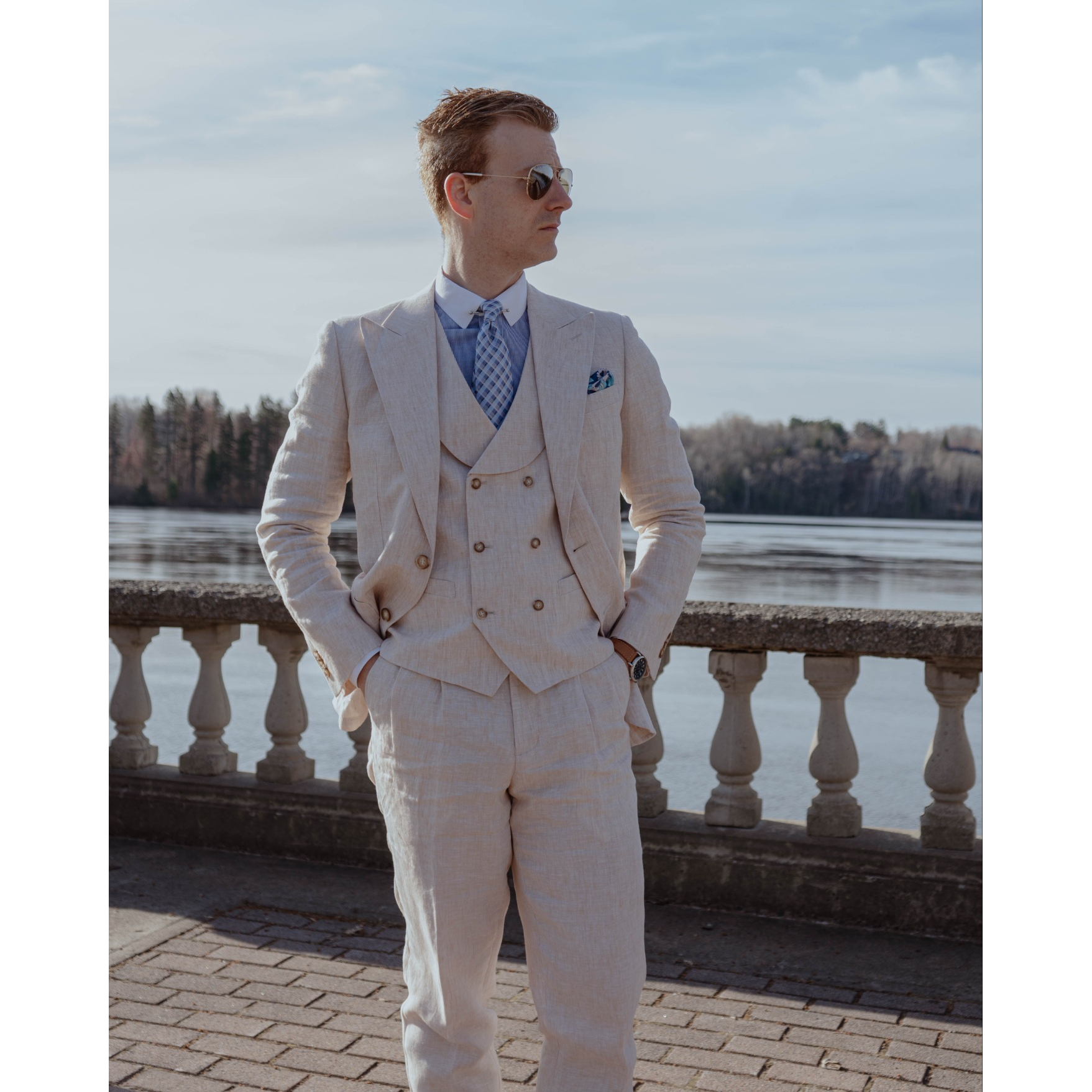 Casual 3 Pieces Mens Suit Flat Linen Peak Lapel Suit(Blazer+Vest+ Pant) Beige / S Casual 3 Pieces Mens Suit Flat Linen Peak Lapel Suit(Blazer+Vest+ Pant) Beige / S