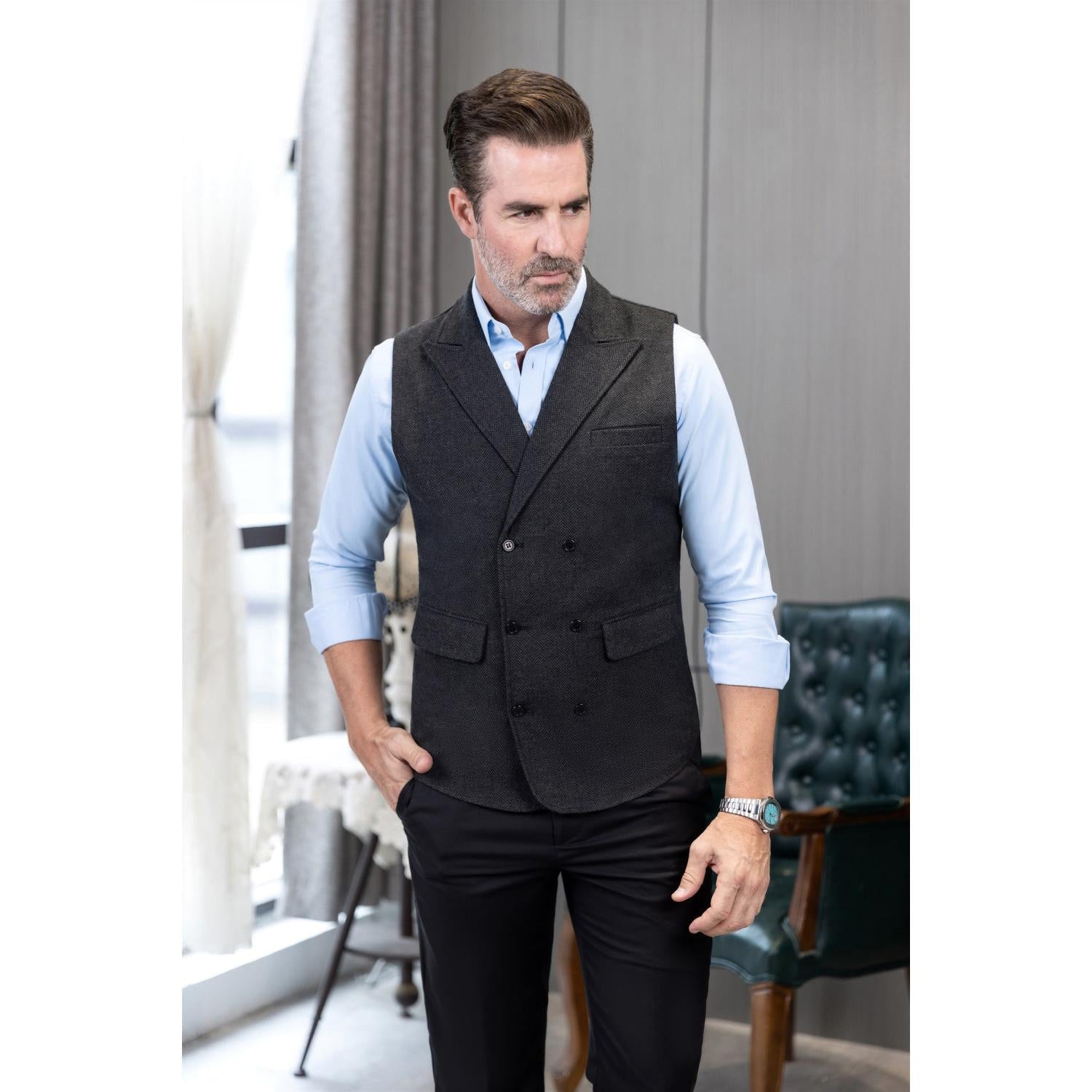 Casual Men's Classic Tweed Herringbone Peak Lapel Waistcoat