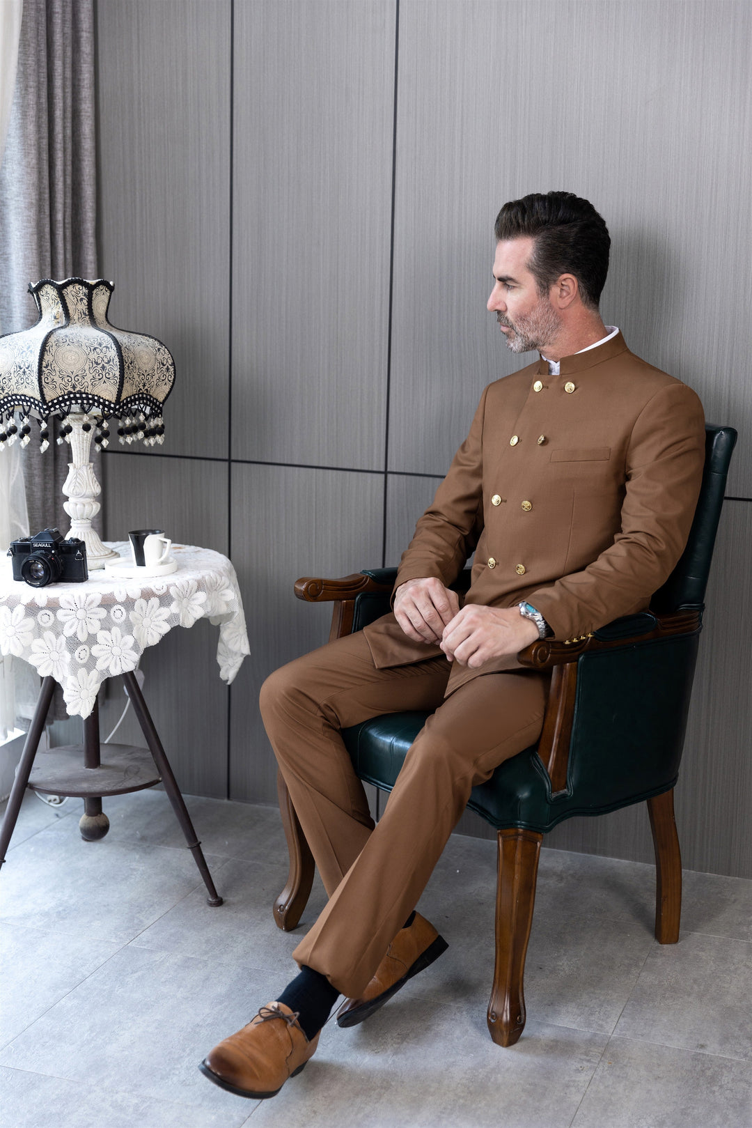 Classic 2 Piece Men's Slim Fit Solid Color Stand Collar Wedding Suit (Blazer+Pants) mens event wear