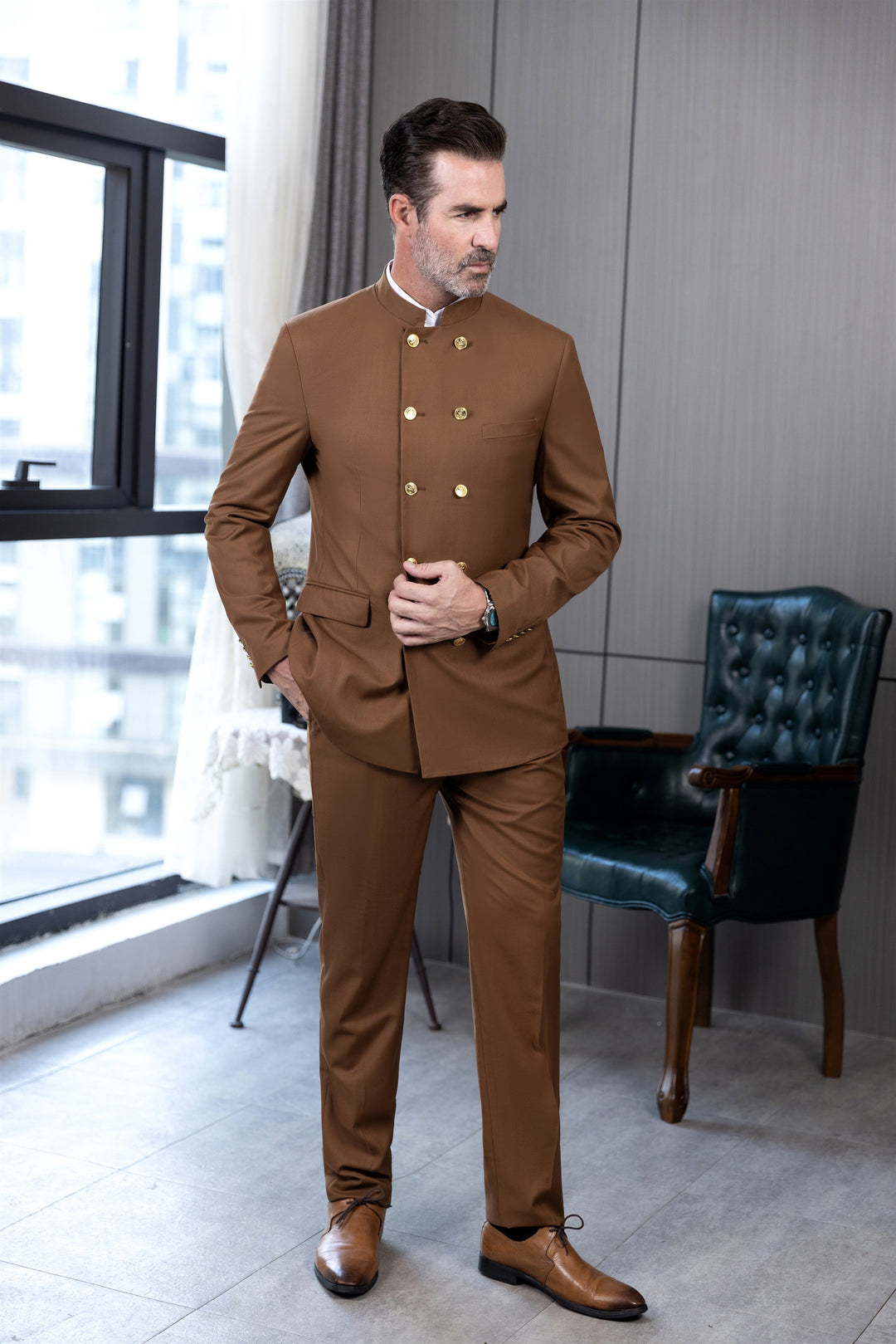 Classic 2 Piece Men's Slim Fit Solid Color Stand Collar Wedding Suit (Blazer+Pants) mens event wear