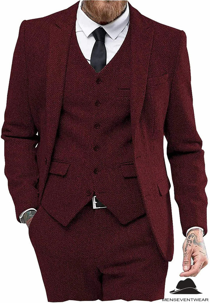 Classic 3 Pieces Mens Suit Herringbone Tweed Peak Lapel Tuxedos (Blazer+vest+Pants) mens event wear