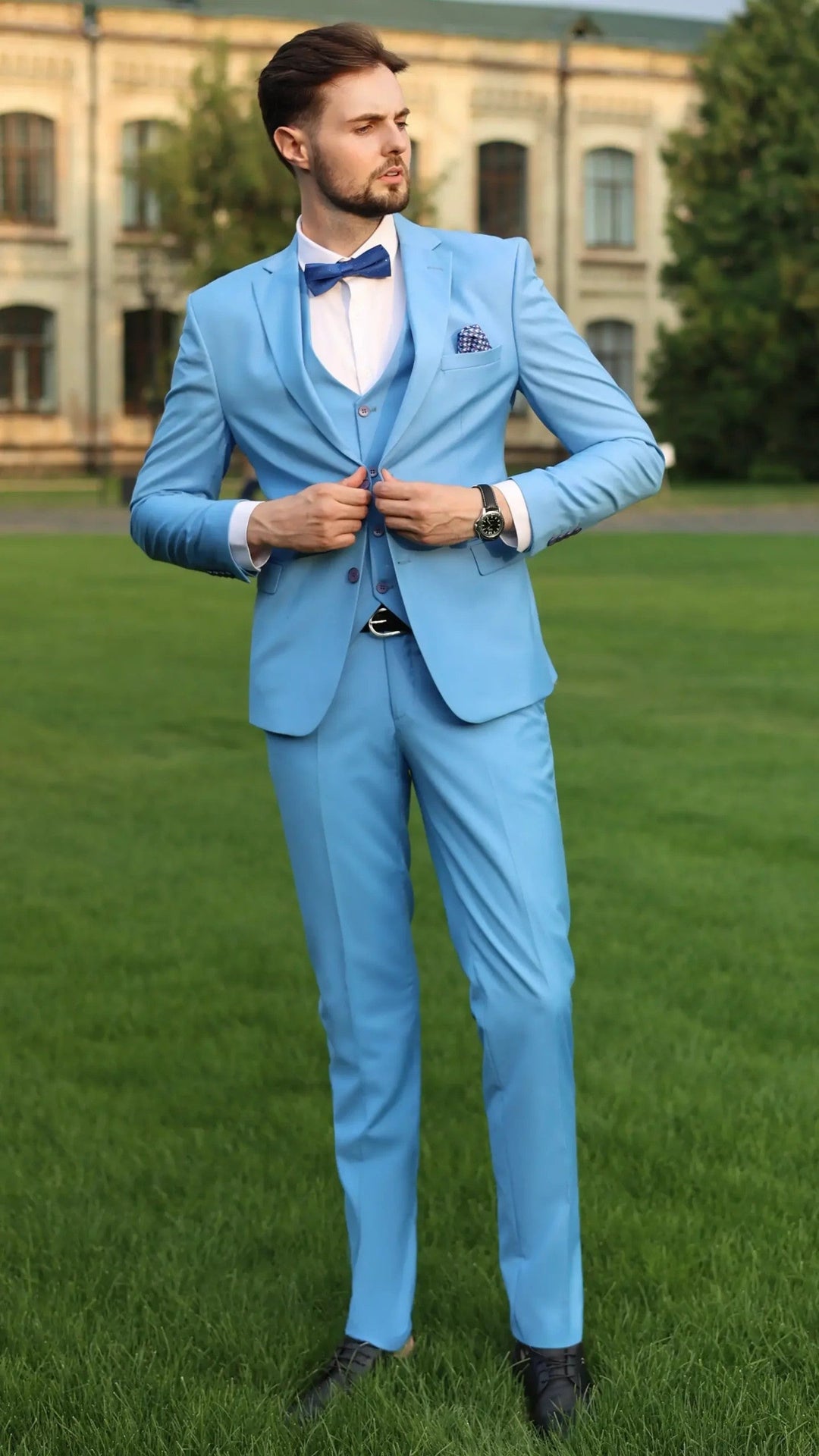 Fashion Men's 3 Pieces Flat Notch Lapel Tuxedos For Party (Blazer+vest+Pants) mens event wear