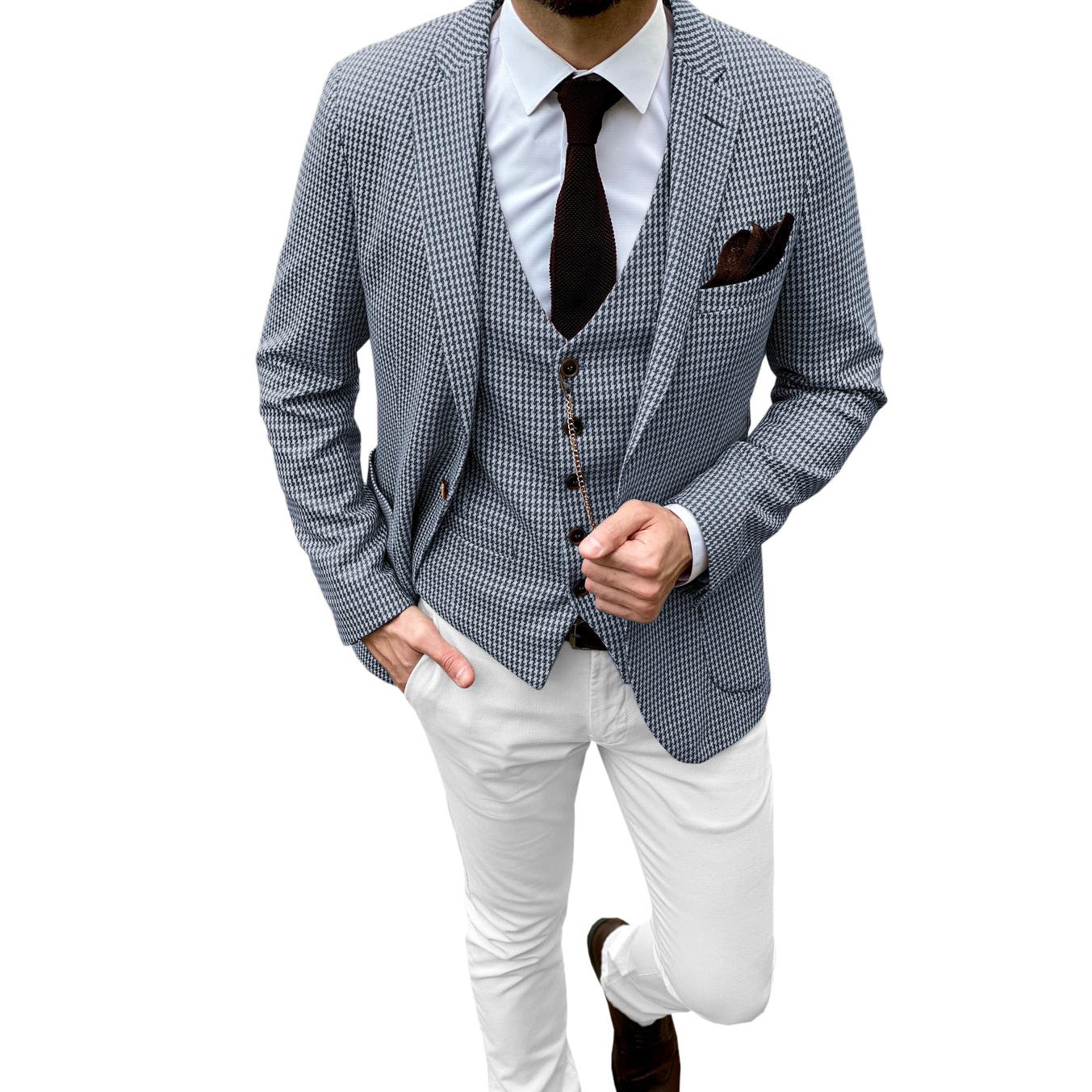 Fashion Men's Pieces Houndstooth Notch Lapel Tuxedos (Blazer+vest+Pants)