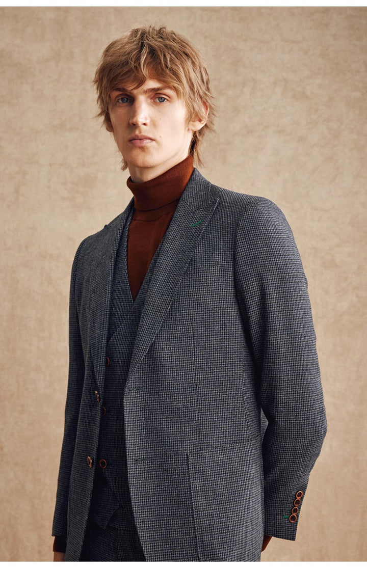 Fashion Men's 3 Pieces Houndstooth Peak Lapel Tuxedos (Blazer+vest+Pants) mens event wear