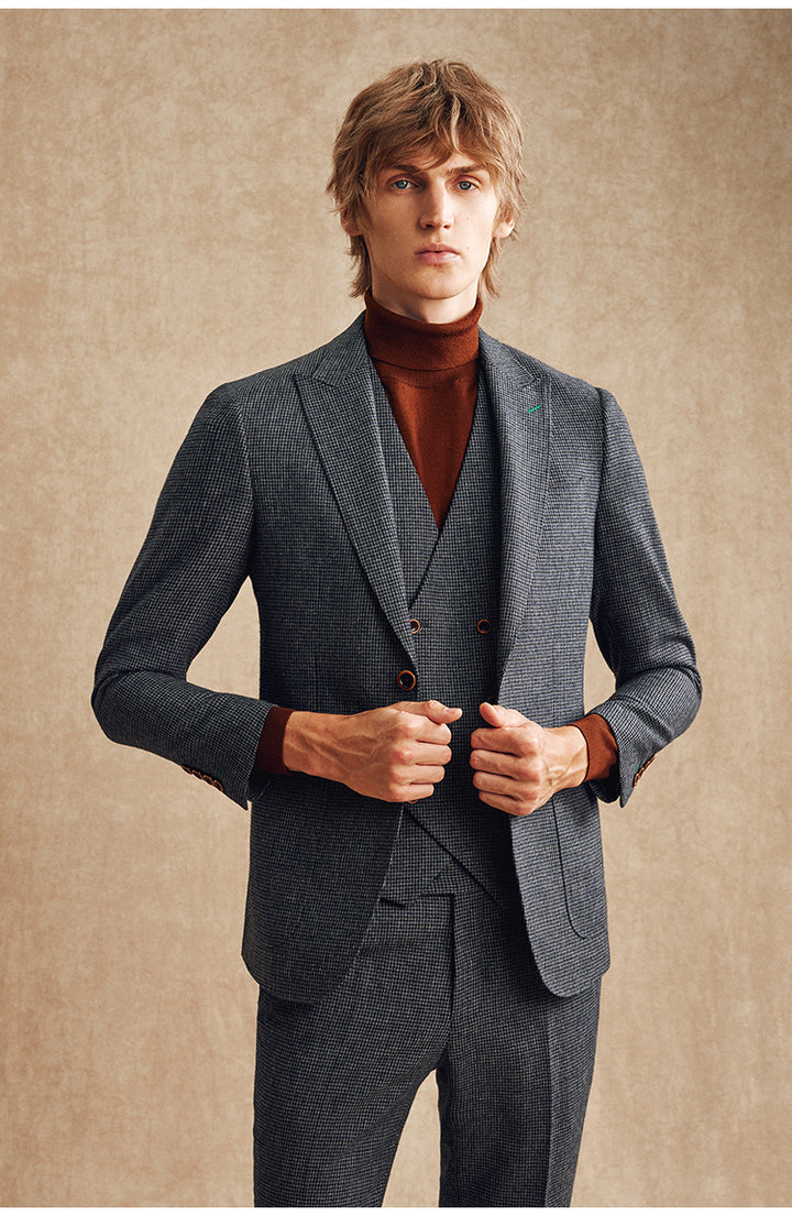 Fashion Men's 3 Pieces Houndstooth Peak Lapel Tuxedos (Blazer+vest+Pants) mens event wear