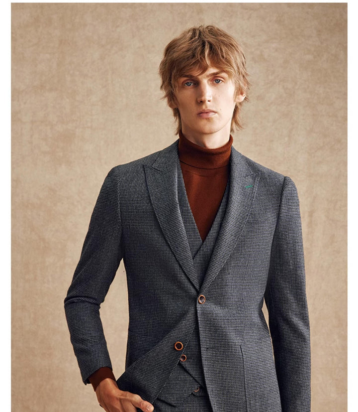 Fashion Men's 3 Pieces Houndstooth Peak Lapel Tuxedos (Blazer+vest+Pants) mens event wear