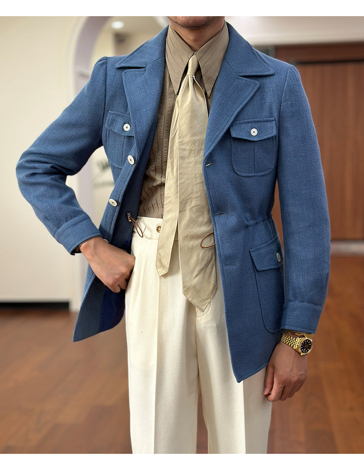 Fashion Men's Retro Slim Fit Notch Lapel Flat Suit Multi-Pocket Casual Jacket mens event wear