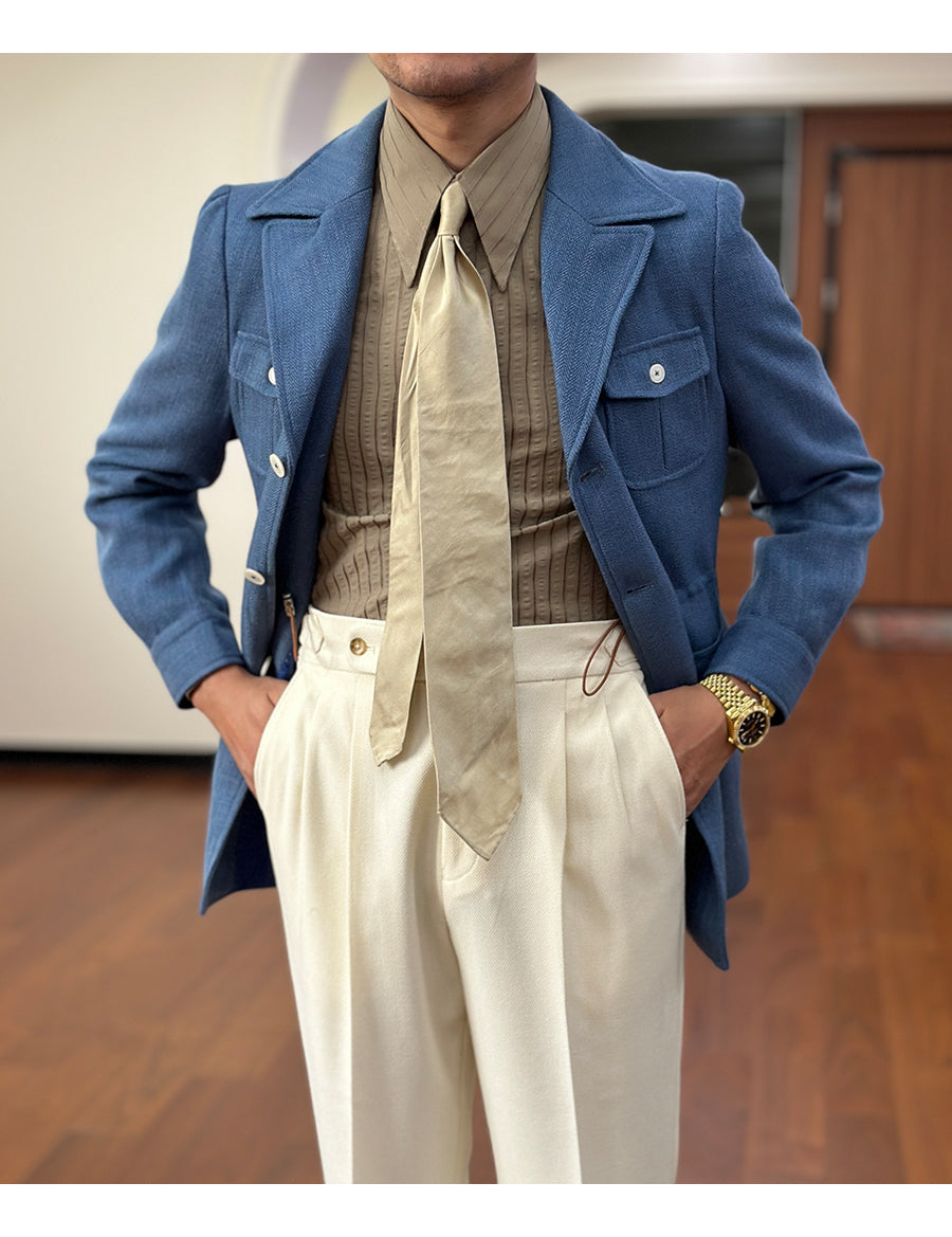 Fashion Men's Retro Slim Fit Notch Lapel Flat Suit Multi-Pocket Casual Jacket mens event wear