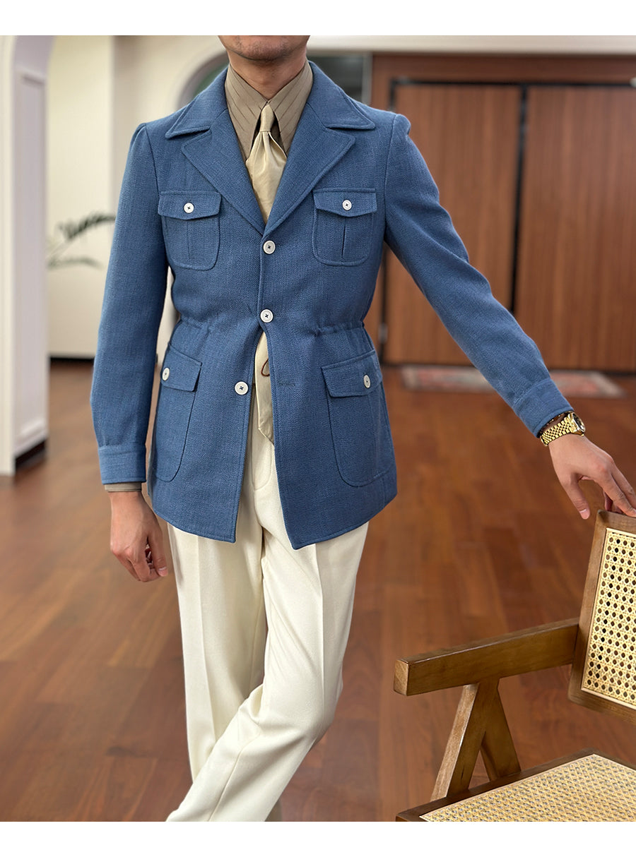 Fashion Men's Retro Slim Fit Notch Lapel Flat Suit Multi-Pocket Casual Jacket mens event wear