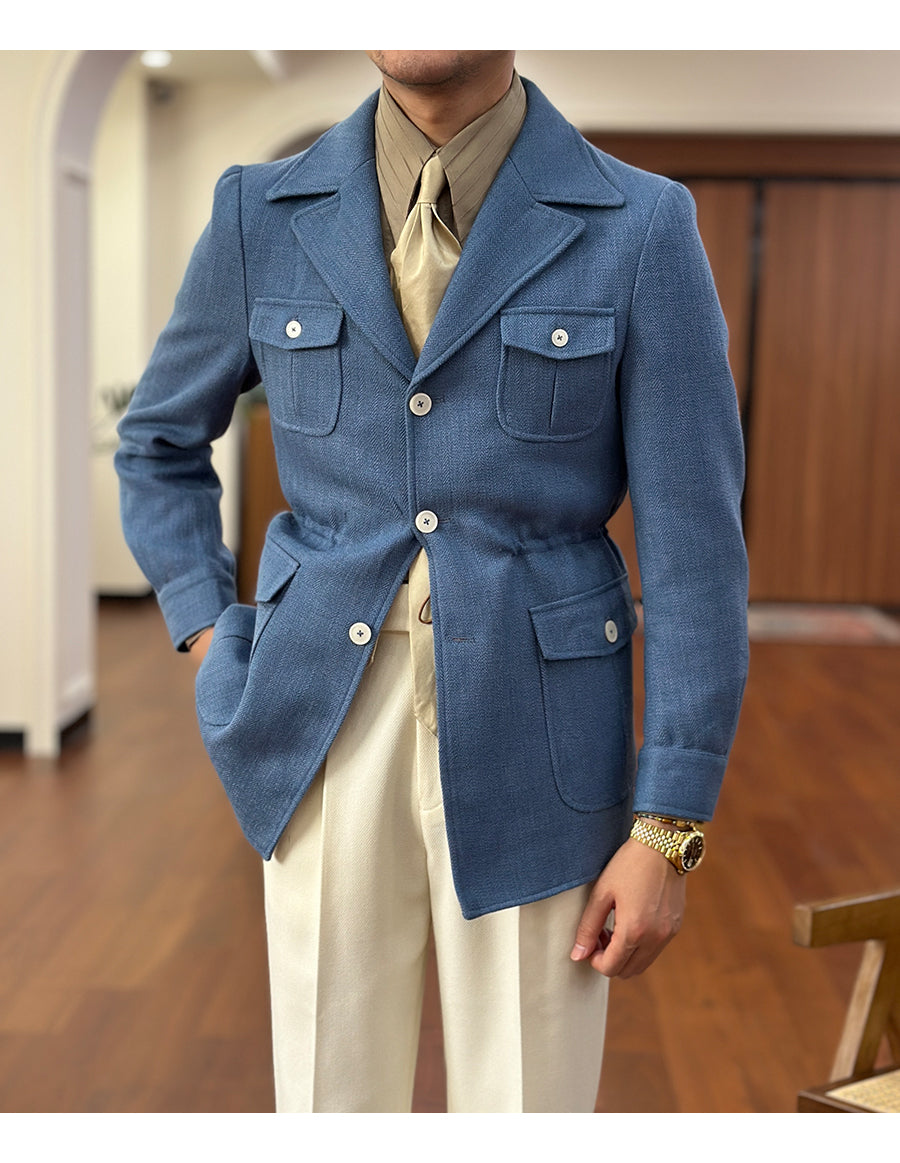 Fashion Men's Retro Slim Fit Notch Lapel Flat Suit Multi-Pocket Casual Jacket mens event wear