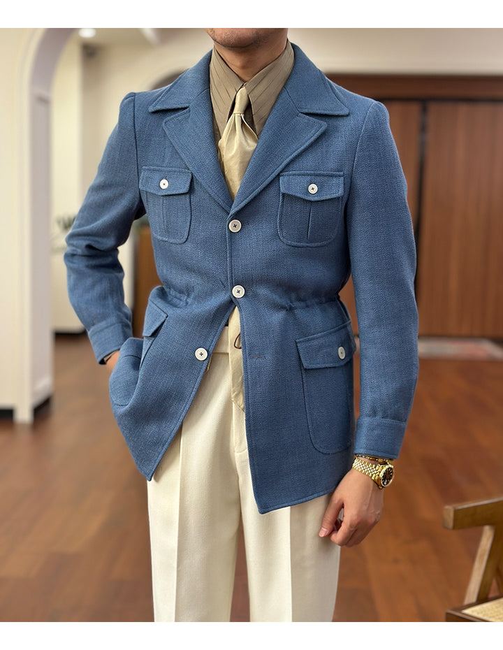 Fashion Men's Retro Slim Fit Notch Lapel Flat Suit Multi-Pocket Casual Jacket mens event wear