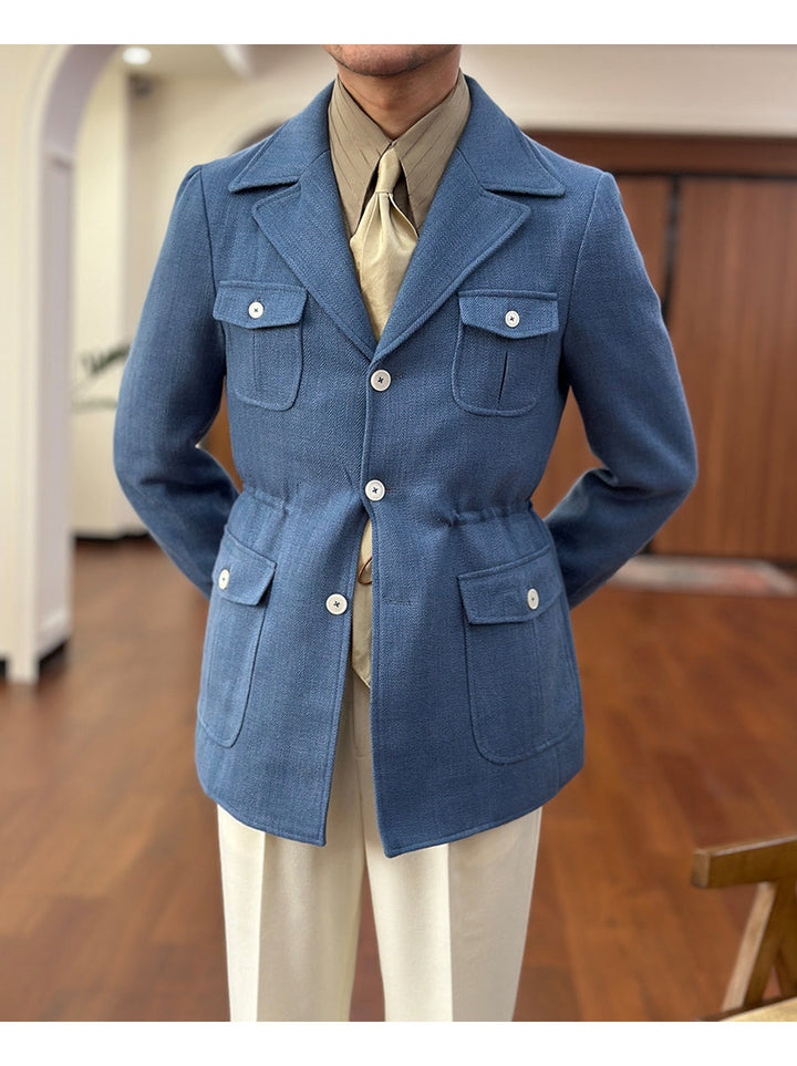 Fashion Men's Retro Slim Fit Notch Lapel Flat Suit Multi-Pocket Casual Jacket mens event wear