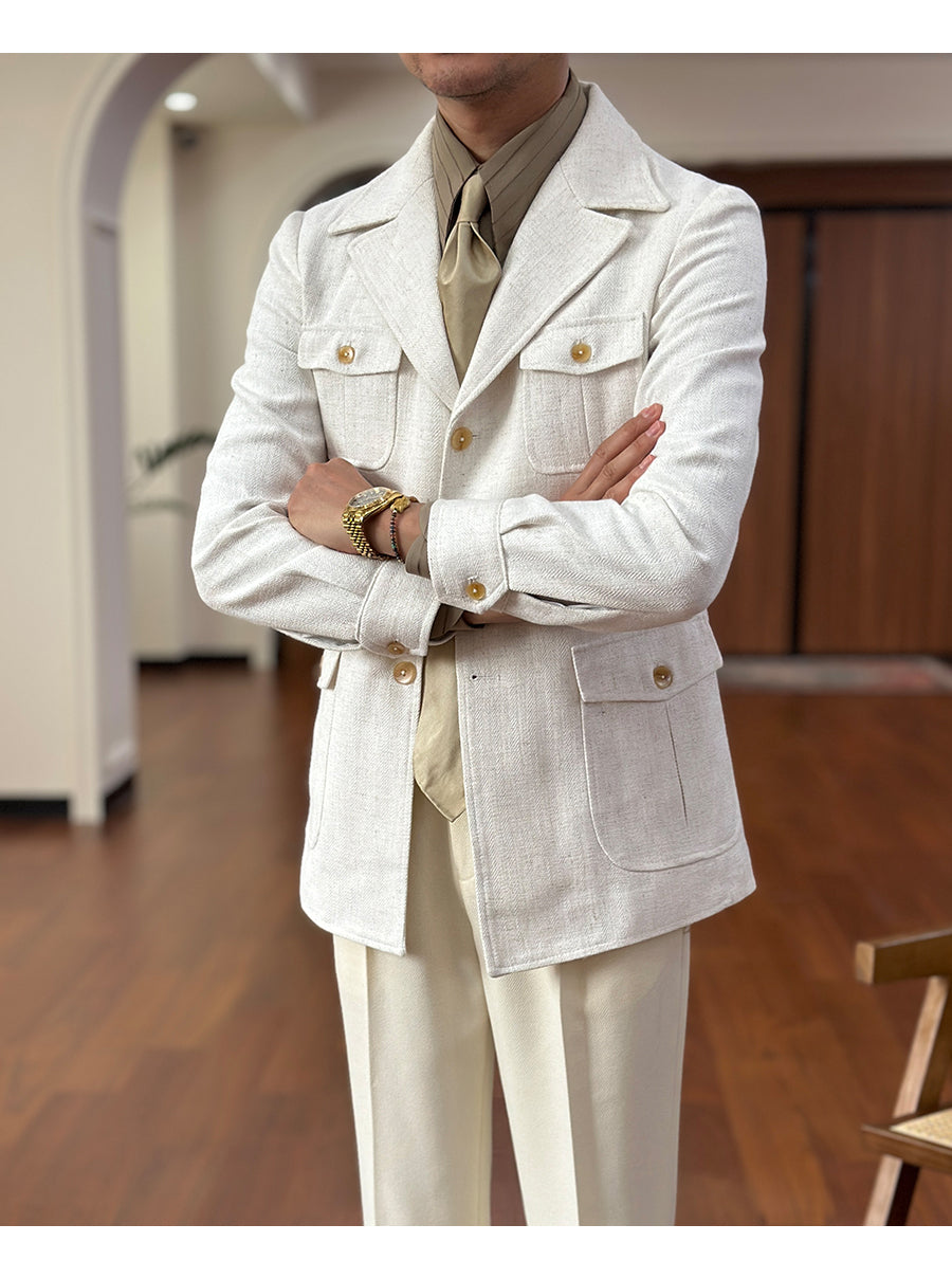 Fashion Men's Retro Slim Fit Notch Lapel Flat Suit Multi-Pocket Casual Jacket mens event wear