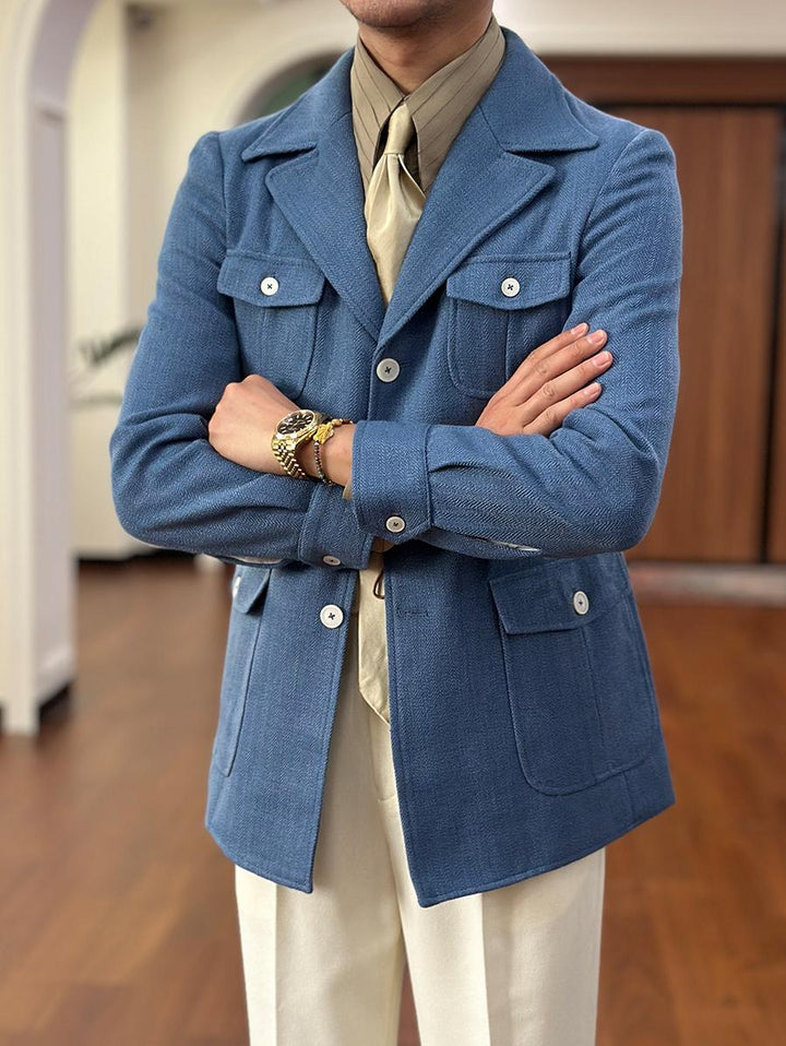 Fashion Men's Retro Slim Fit Notch Lapel Flat Suit Multi-Pocket Casual Jacket mens event wear