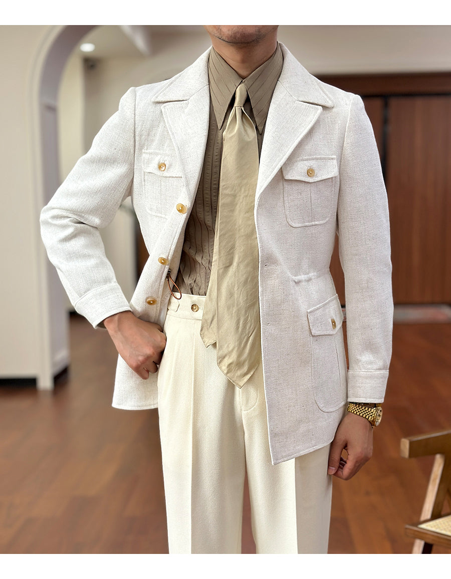 Fashion Men's Retro Slim Fit Notch Lapel Flat Suit Multi-Pocket Casual Jacket mens event wear