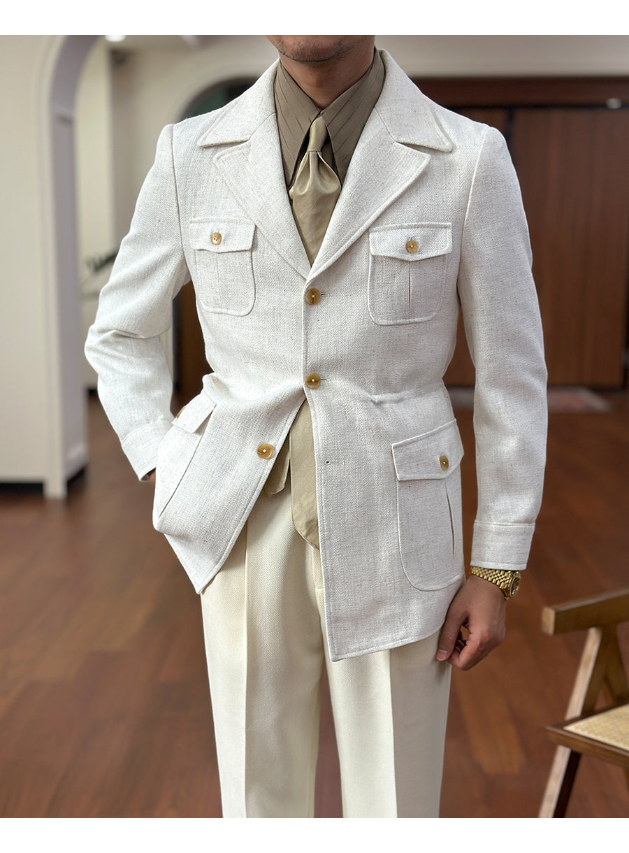 Fashion Men's Retro Slim Fit Notch Lapel Flat Suit Multi-Pocket Casual Jacket mens event wear