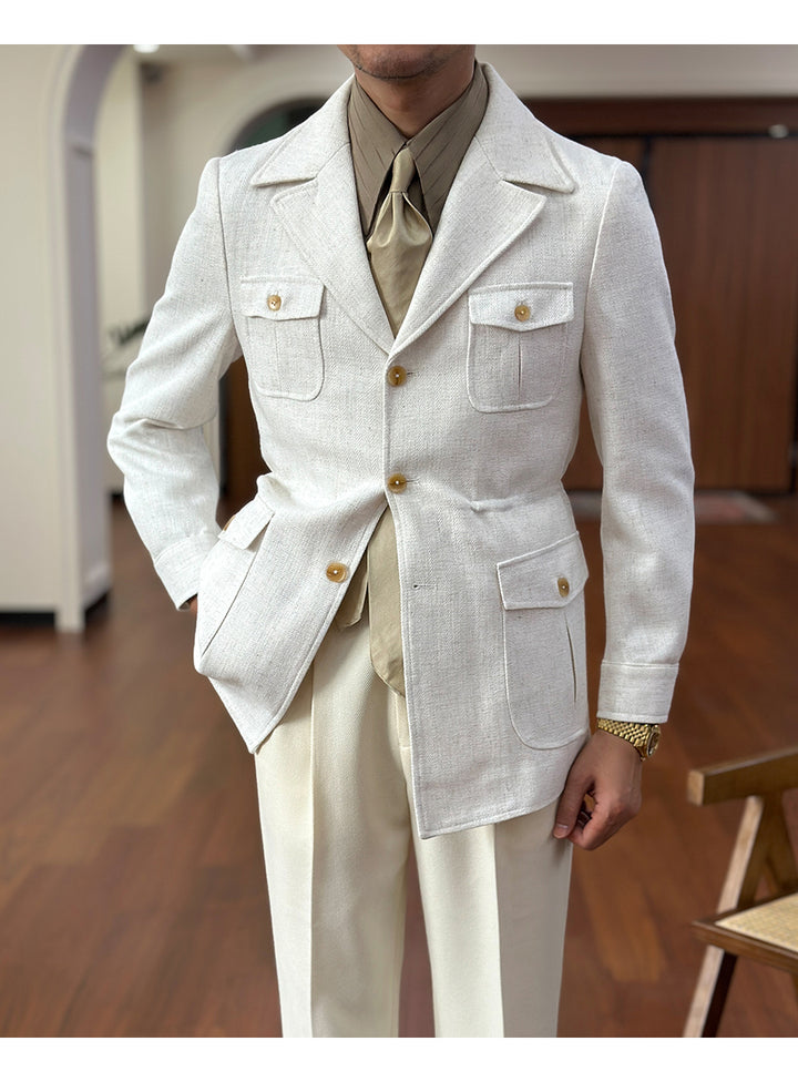 Fashion Men's Retro Slim Fit Notch Lapel Flat Suit Multi-Pocket Casual Jacket mens event wear