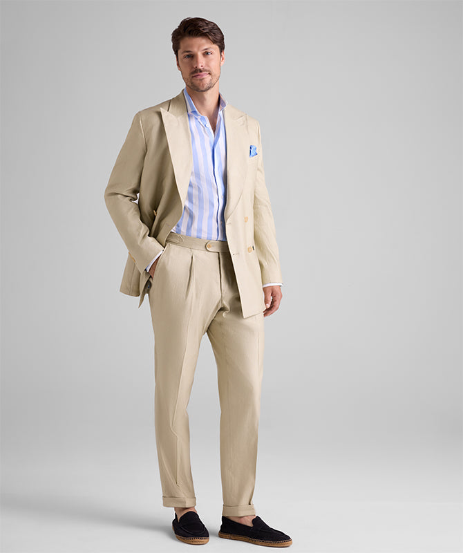 Formal 2 Pieces Mens Suit Flat Linen Peak Lapel Tuxedos For Wedding (Blazer+Pants) mens event wear