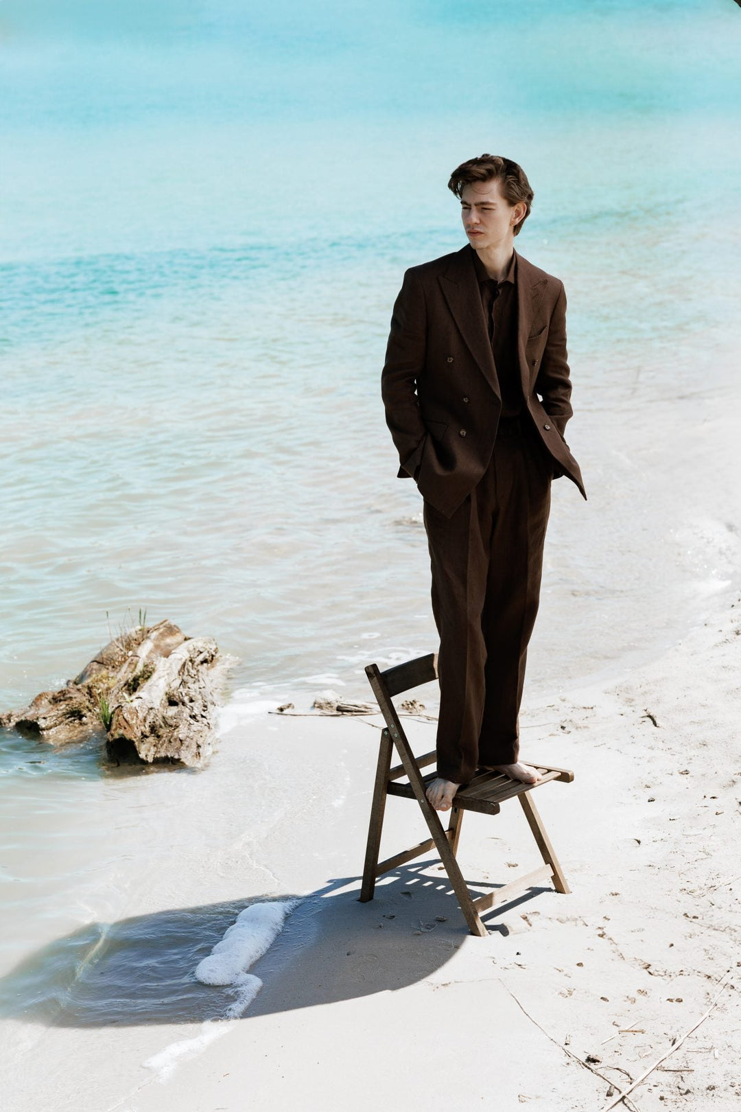 Formal 2 Pieces Mens Suit Flat Linen Peak Lapel Tuxedos For Wedding (Blazer+Pants) mens event wear