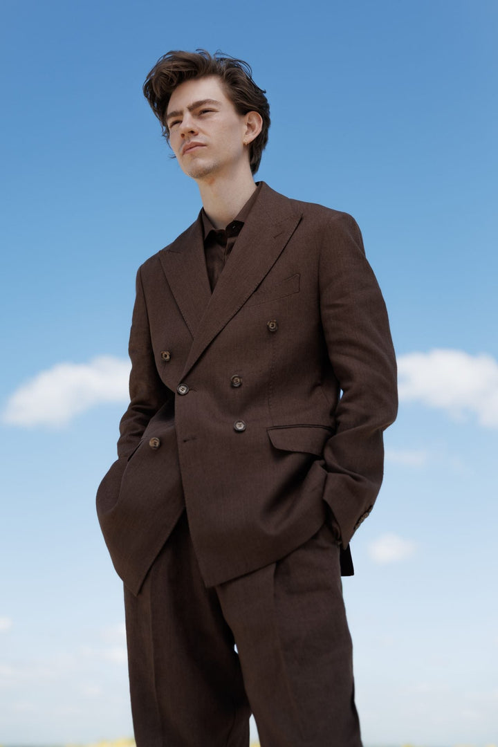 Formal 2 Pieces Mens Suit Flat Linen Peak Lapel Tuxedos For Wedding (Blazer+Pants) mens event wear