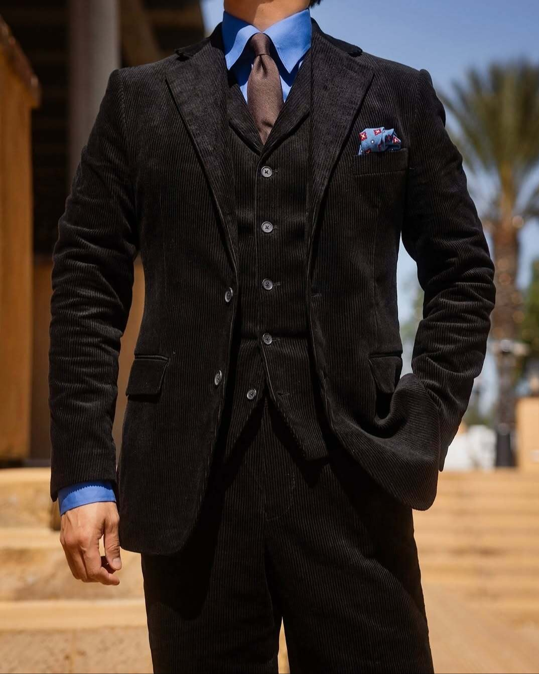 Formal 3 Pieces Mens Suit Corduroy Notch Lapel Tuxedos For Wedding (Blazer+Vest+Pants) mens event wear