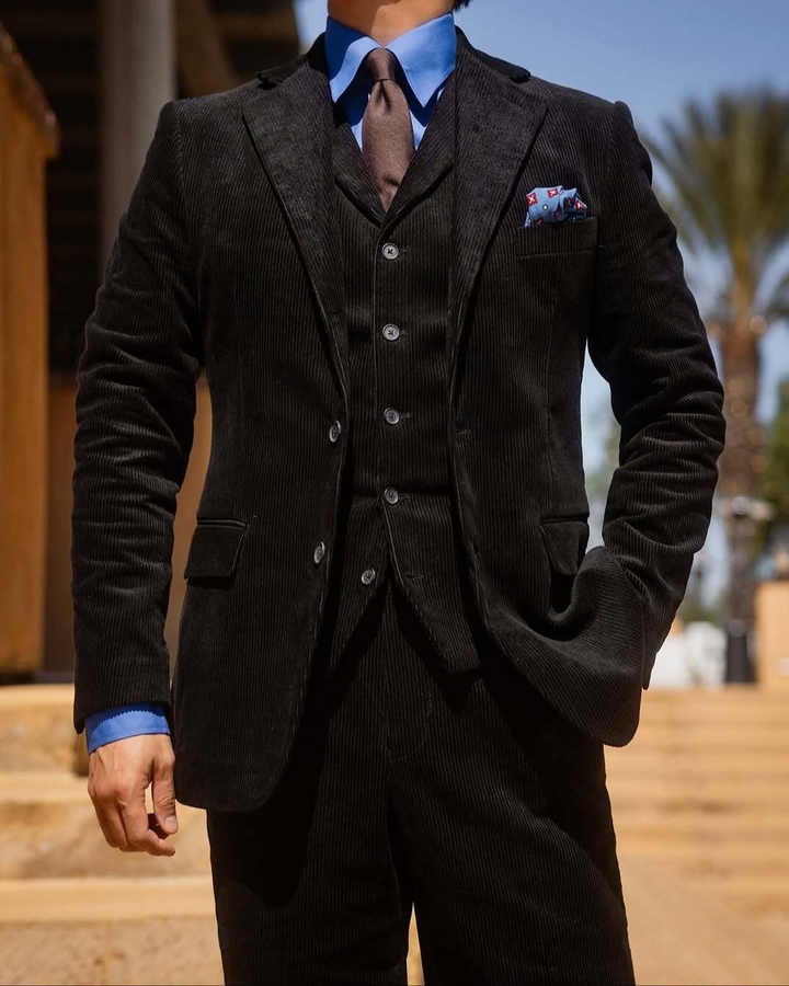 Formal 3 Pieces Mens Suit Corduroy Notch Lapel Tuxedos For Wedding (Blazer+Vest+Pants) mens event wear