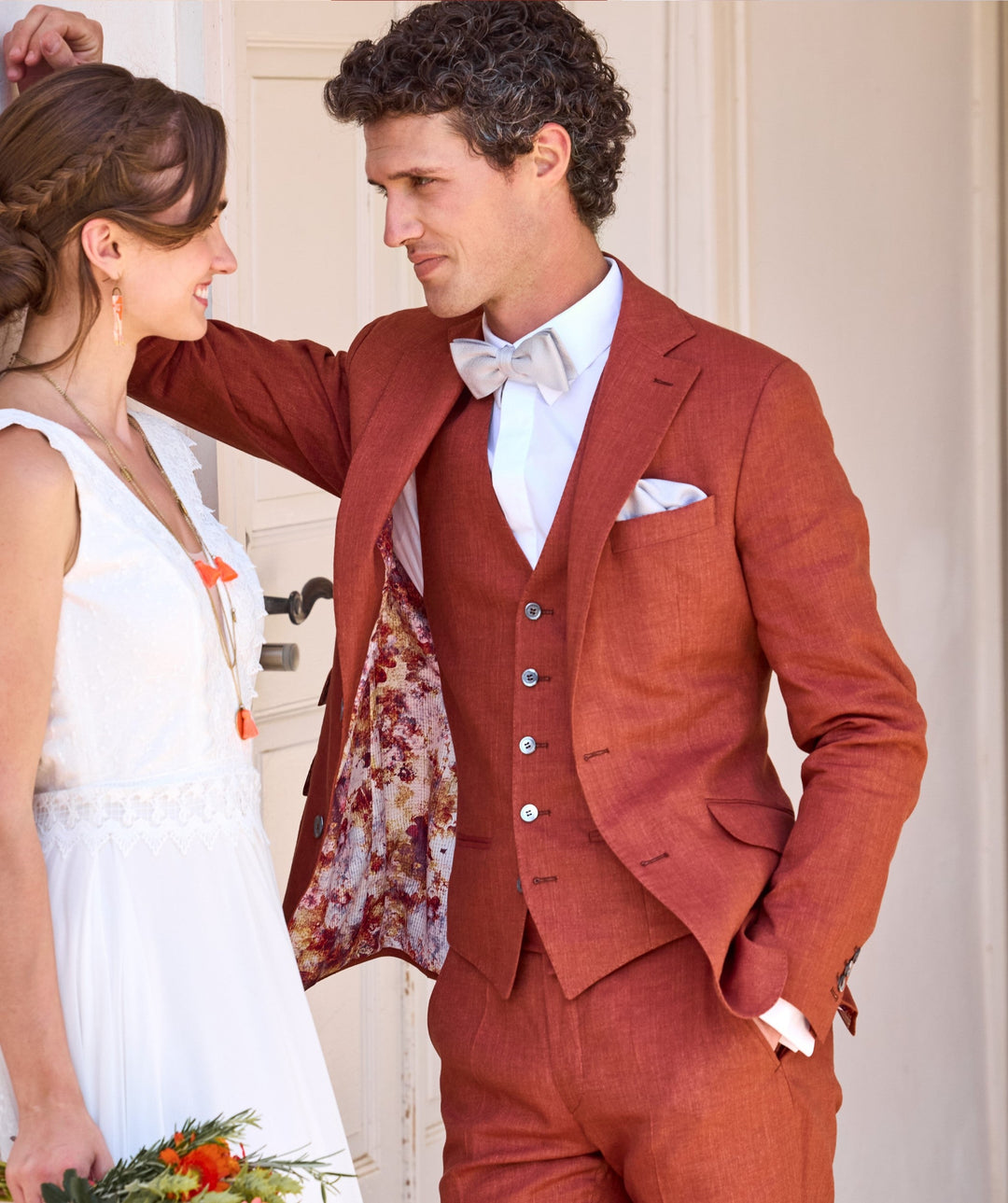 Formal 3 Pieces Mens Suit Flat Linen Notch Lapel Suit(Blazer+Vest+Pants) mens event wear