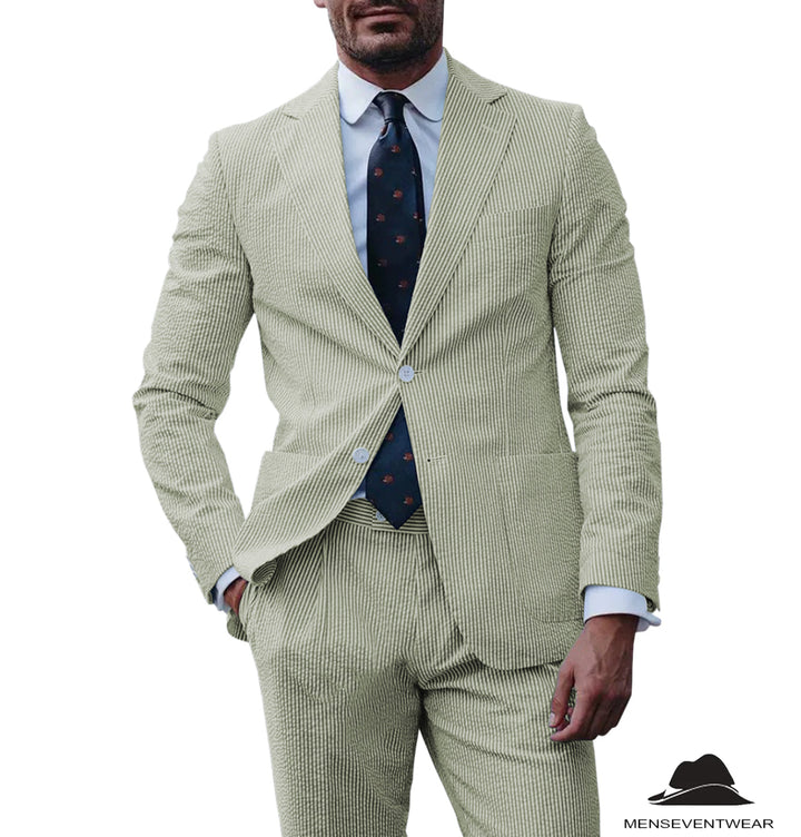 Formal Men's 3 Pieces Striped Seersucker Notch Lapel Tuxedos (Blazer+Pants) mens event wear