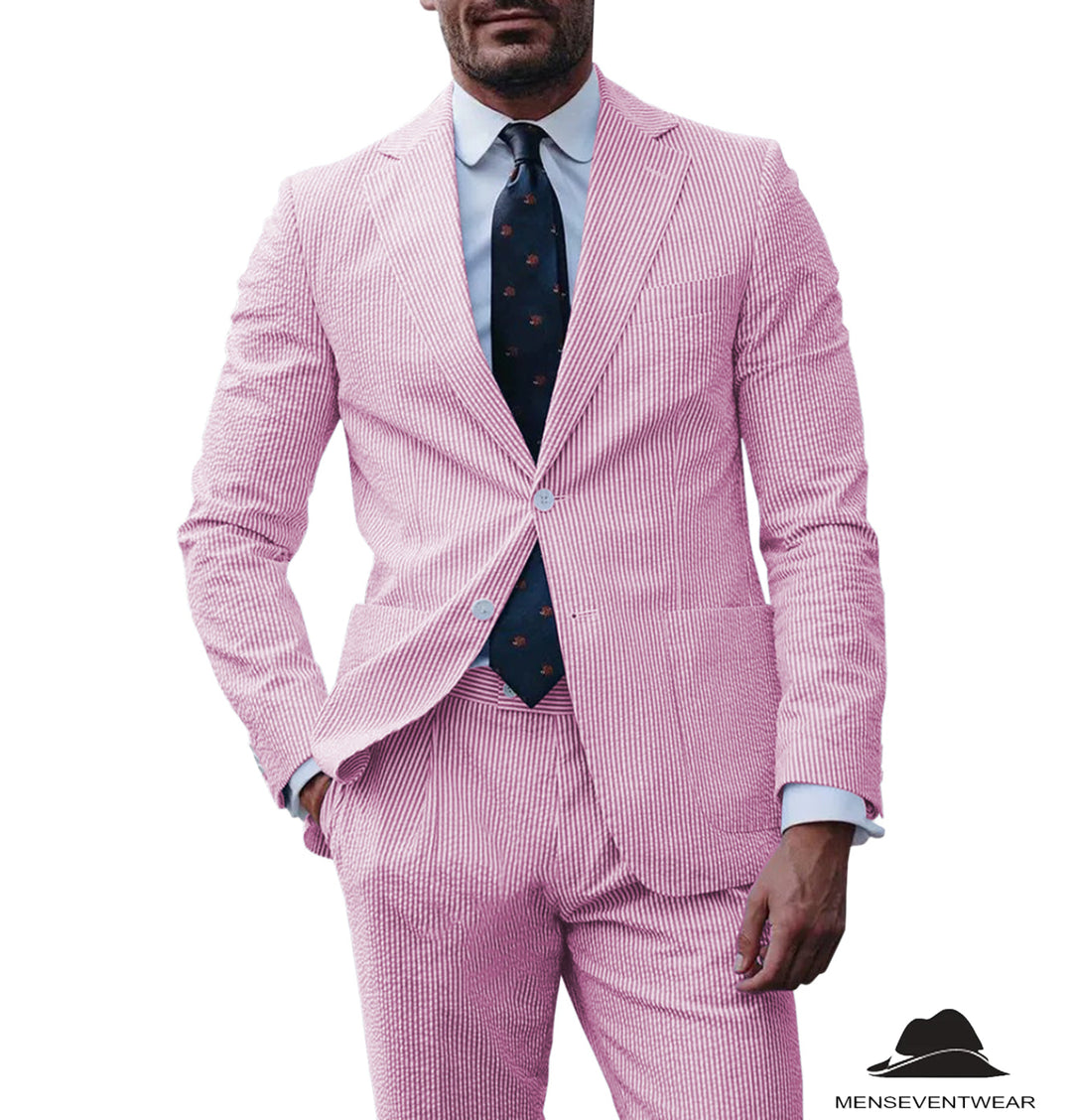 Formal Men's 3 Pieces Striped Seersucker Notch Lapel Tuxedos (Blazer+Pants) mens event wear