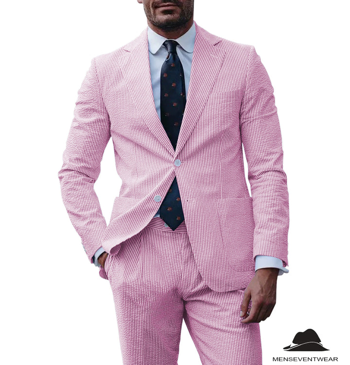 Formal Men's 3 Pieces Striped Seersucker Notch Lapel Tuxedos (Blazer+Pants) mens event wear