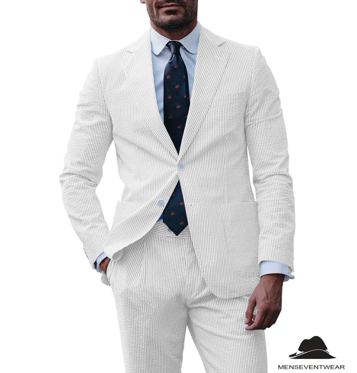 Formal Men's 3 Pieces Striped Seersucker Notch Lapel Tuxedos (Blazer+Pants) mens event wear