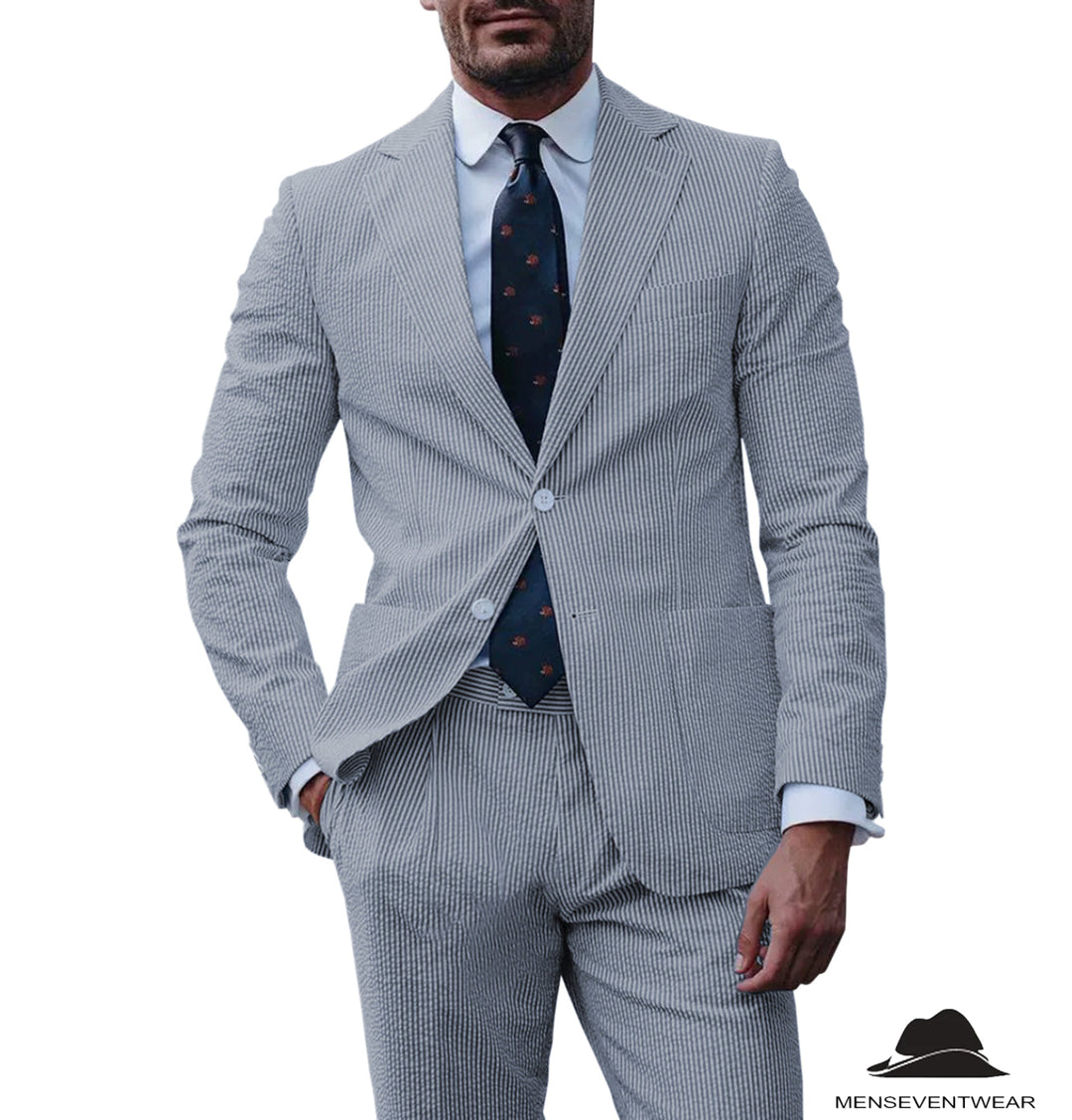 Formal Men's 3 Pieces Striped Seersucker Notch Lapel Tuxedos (Blazer+Pants) mens event wear