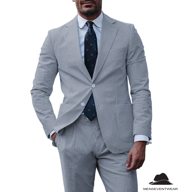 Formal Men's 3 Pieces Striped Seersucker Notch Lapel Tuxedos (Blazer+Pants) mens event wear