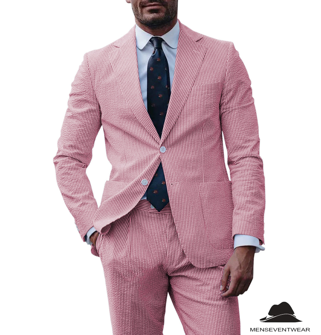 Formal Men's 3 Pieces Striped Seersucker Notch Lapel Tuxedos (Blazer+Pants) mens event wear