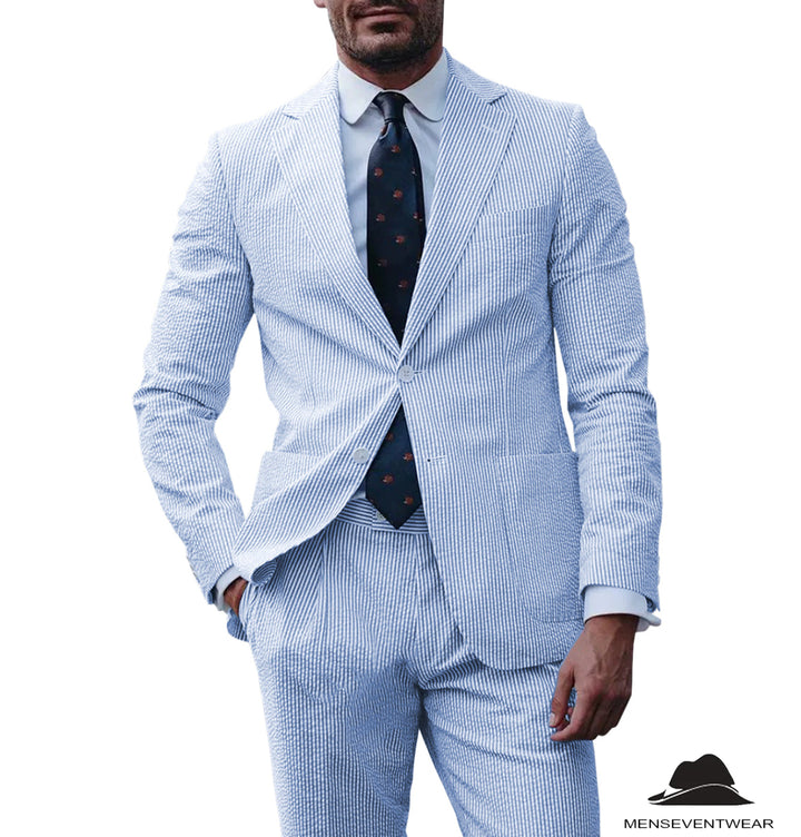 Formal Men's 3 Pieces Striped Seersucker Notch Lapel Tuxedos (Blazer+Pants) mens event wear