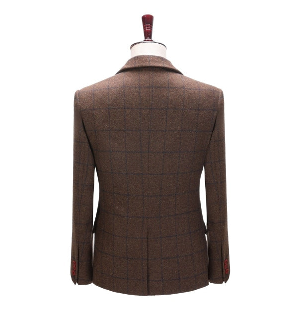 Formal Men's Coffee Plaid Notch Lapel Blazer mens event wear