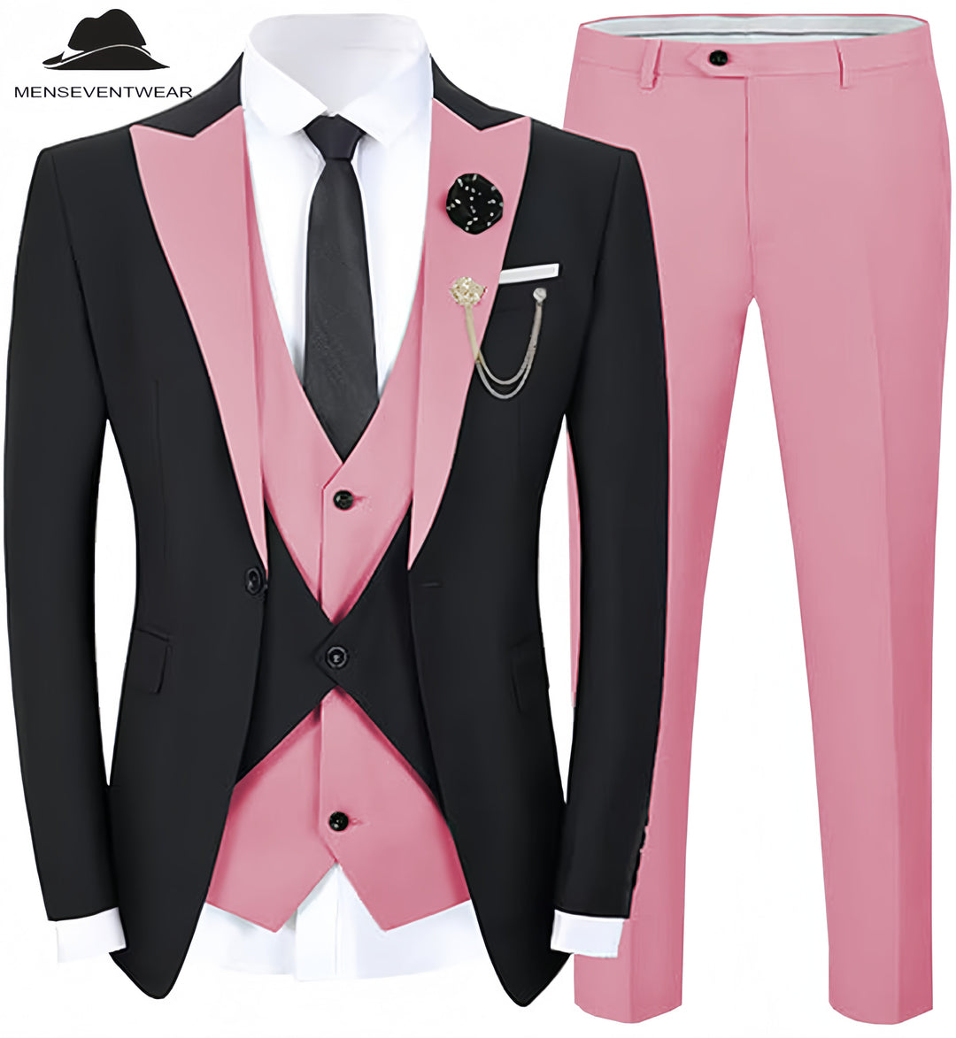 Formal Men's Suits Slim Fit 3 Pieces Peak Lapel Tuxedos (Black Blazer+Vest+ Pant) mens event wear