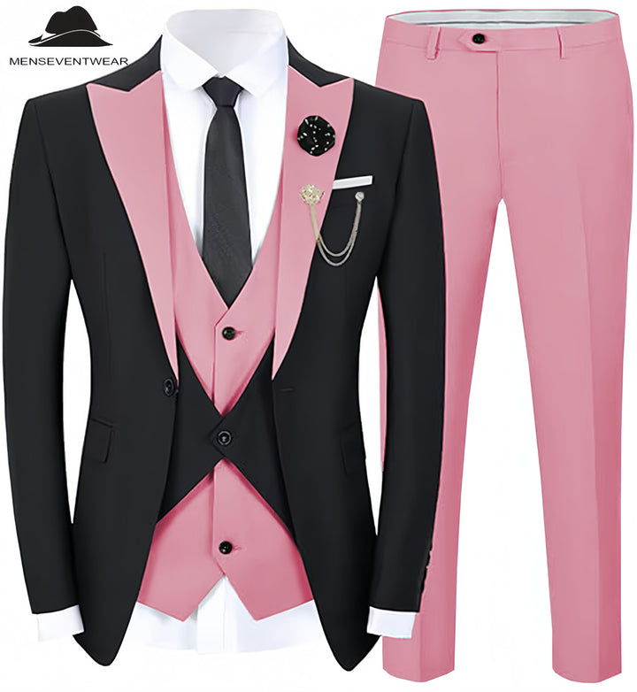 Formal Men's Suits Slim Fit 3 Pieces Peak Lapel Tuxedos (Black Blazer+Vest+ Pant) mens event wear