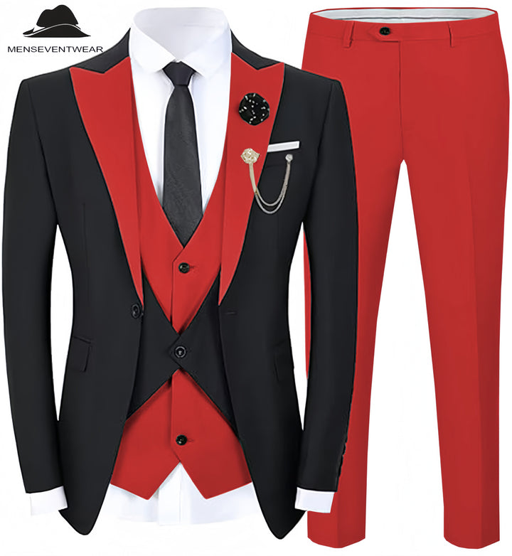 Formal Men's Suits Slim Fit 3 Pieces Peak Lapel Tuxedos (Black Blazer+Vest+ Pant) mens event wear