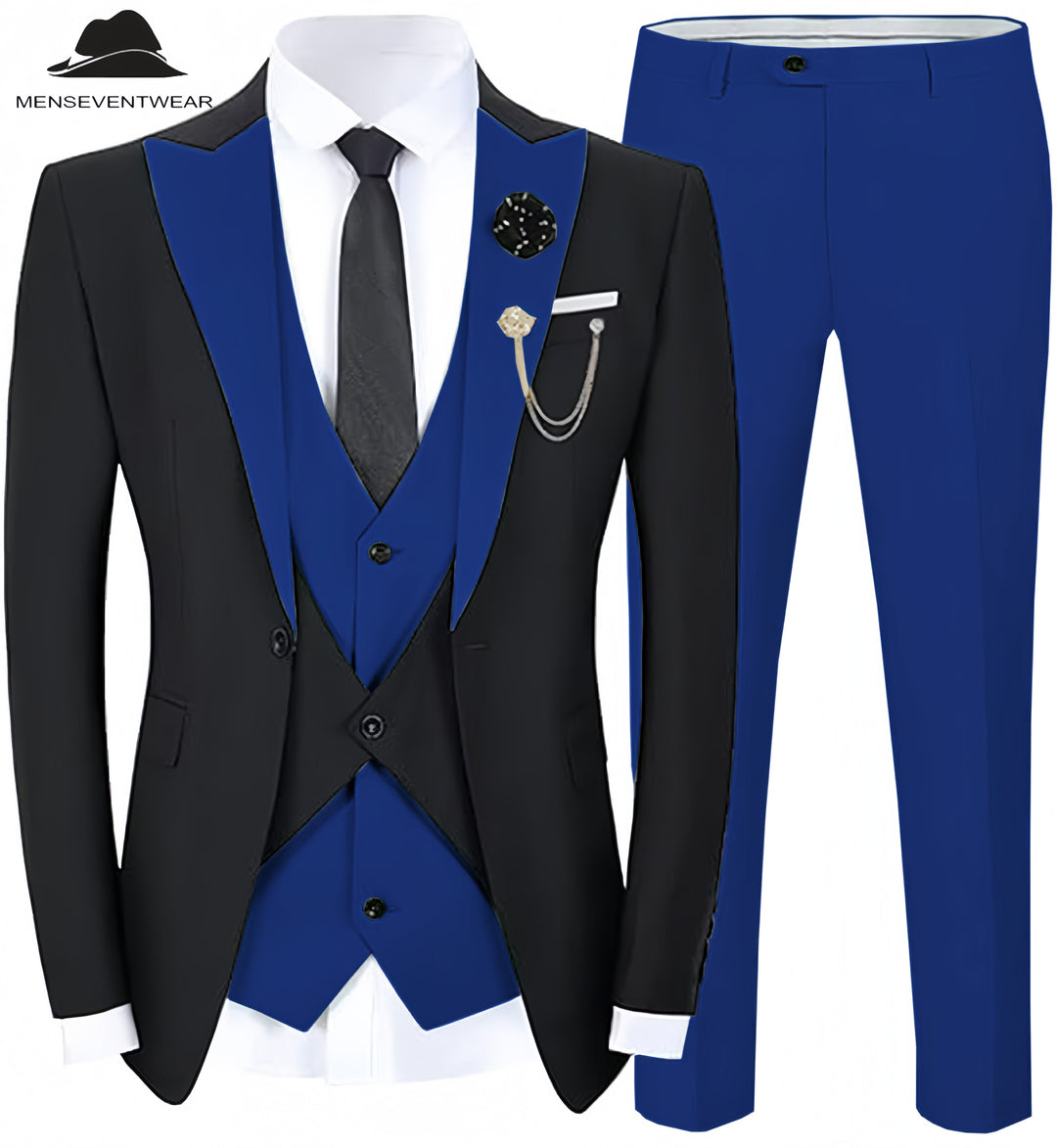 Formal Men's Suits Slim Fit 3 Pieces Peak Lapel Tuxedos (Black Blazer+Vest+ Pant) mens event wear