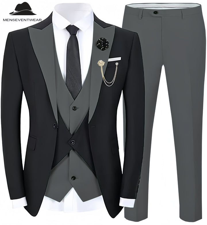 Formal Men's Suits Slim Fit 3 Pieces Peak Lapel Tuxedos (Black Blazer+Vest+ Pant) mens event wear