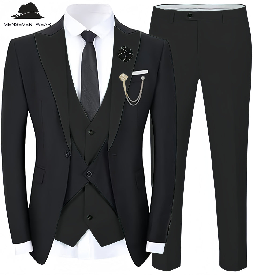 Formal Men's Suits Slim Fit 3 Pieces Peak Lapel Tuxedos (Black Blazer+Vest+ Pant) mens event wear