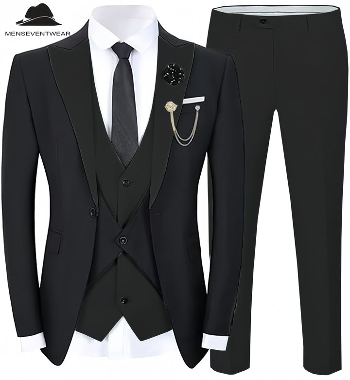 Formal Men's Suits Slim Fit 3 Pieces Peak Lapel Tuxedos (Black Blazer+Vest+ Pant) mens event wear