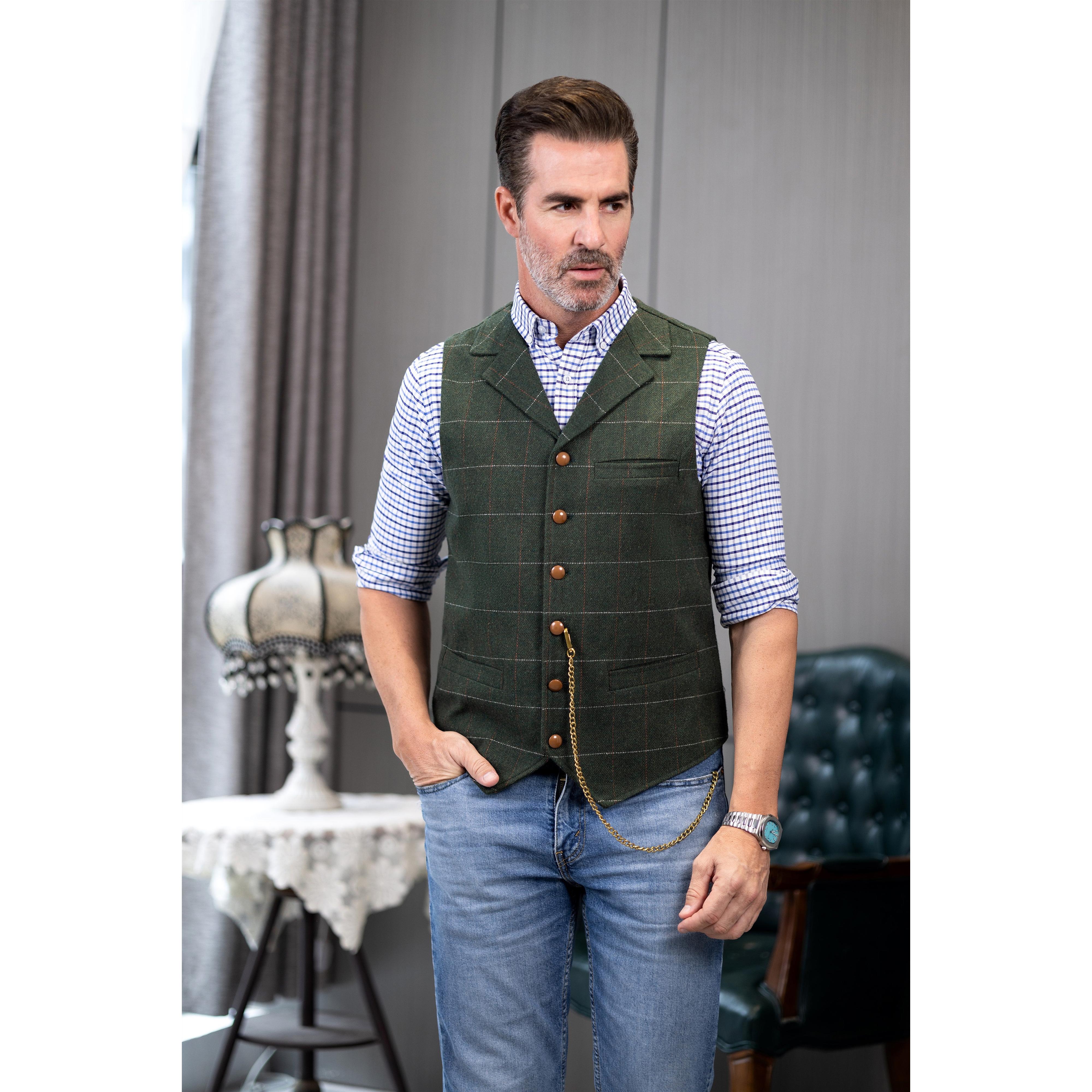 Tweed Vest Jeans Waistcoat For Mens Men's Casual Slim Fit Plaid
