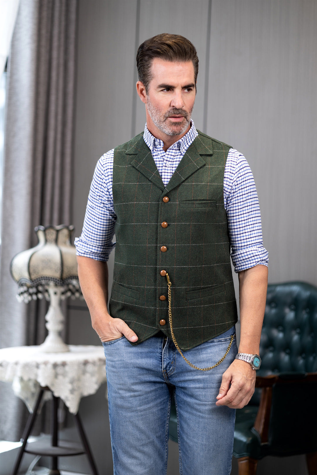 Men's Casual Slim Fit Plaid Tweed Notch Lapel Waistcoat mens event wear