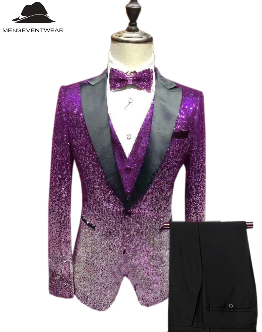Men's Fashion Gradient Sequined Tuxedo Suit Peak lapel Men's Suit (Blazer + Vest + Pants) mens event wear