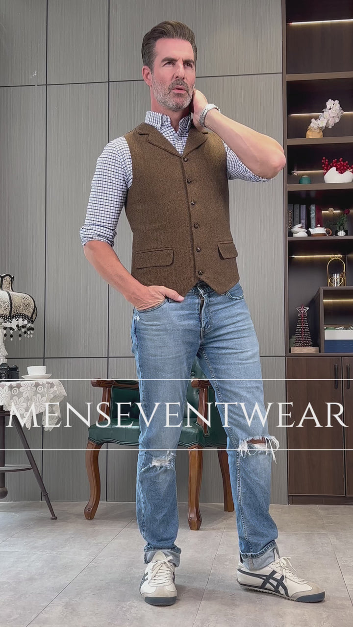 Menseventwear Casual Men's Classic Tweed Herringbone Notch Lapel Waistcoat